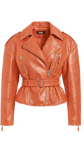 Cropped Moto Jacket: Coral Croc