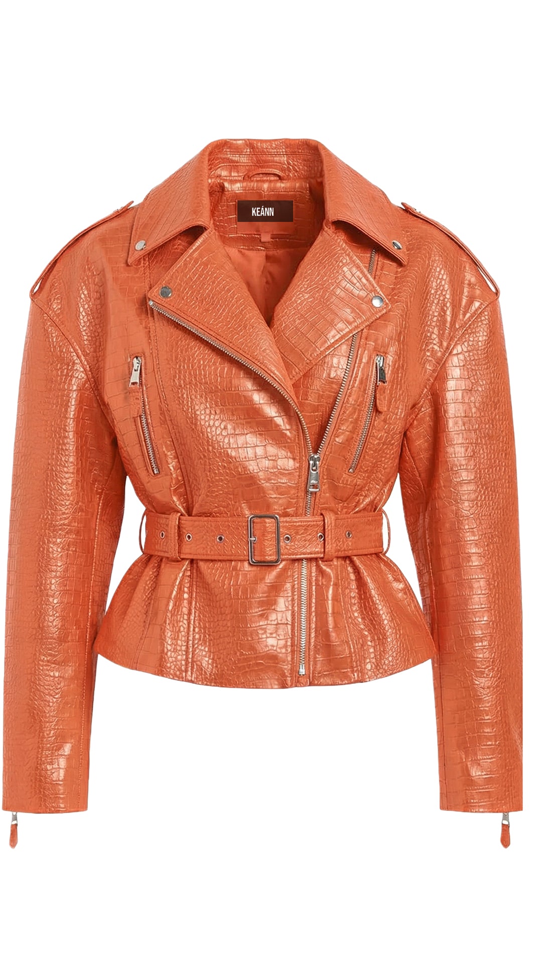 Cropped Moto Jacket: Coral Croc