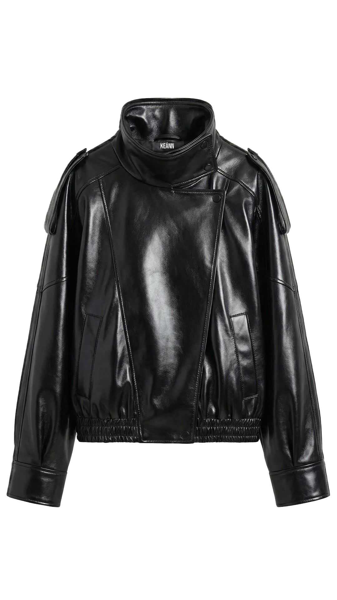 Oversized High Neck Leather Jacket : Black