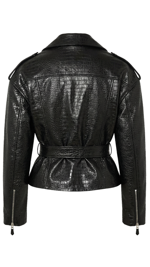 Cropped Moto Jacket: Croc Leather